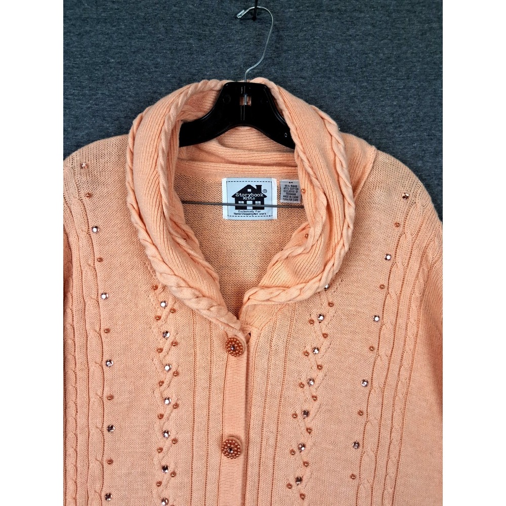 Storybook Knits Womens Sweater 2X Peach Rhinestone‎ Pearl Shawl Cable Cardigan